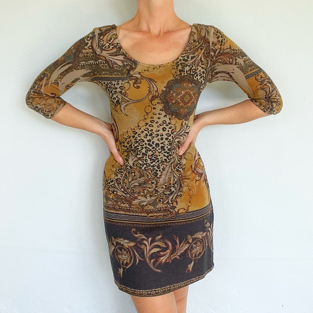 Fresh of LA brown gold abstract leopard print knit sweater mini dress size small